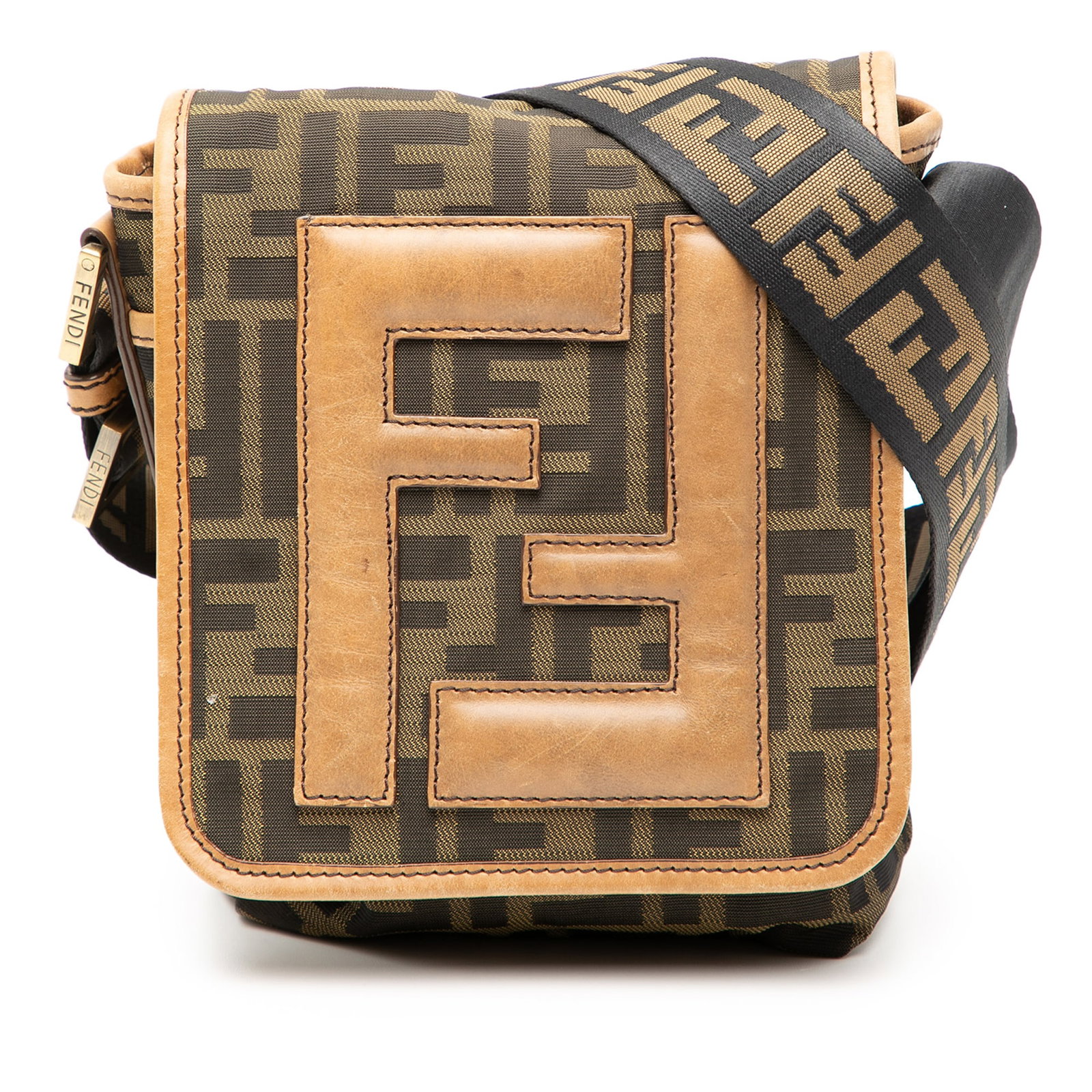 Fendi Mini FF Zucca Crossbody Bag Brown Canvas Leather Trim: Fendi Mini FF Zucca Crossbody Bag Brown Canvas Leather Trim The Fendi Mini FF Zucca Canvas Crossbody bag is a stylish blend of functionality and luxury. Crafted in Italy, this bag features a durable c