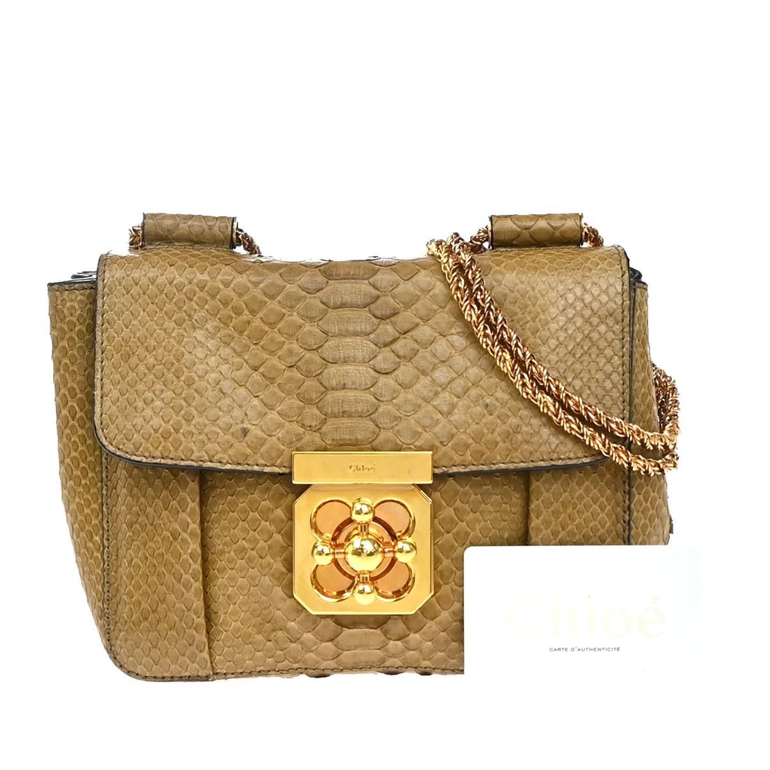 Chloe Elsie Leather Shoulder Bag in Beige with Chain Strap: Chloe Elsie Leather Shoulder Bag in Beige with Chain Strap This Chloe Elsie Chain Shoulder Bag for women features beige leather crafted in Italy. The bag measures 19cm x 16cm x 8cm and shows very good