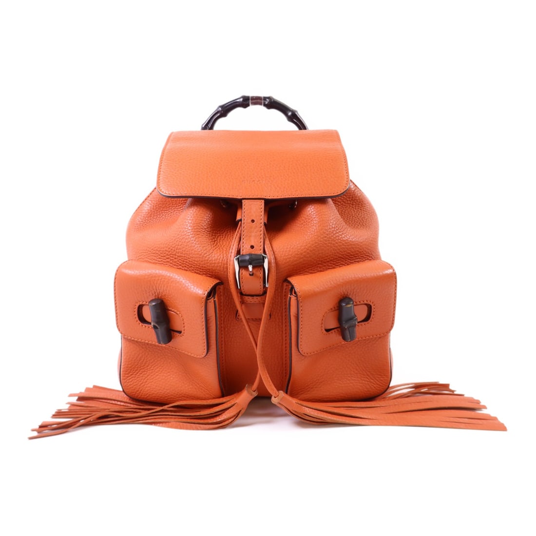 GUCCI GG Rucksack Backpack Calfskin Leather Orange Italy: GUCCI GG Rucksack Backpack Calfskin Leather Orange Italy Stylishly designed, this GUCCI Rucksack Backpack is crafted from luxurious calfskin leather in a vibrant orange hue. Measuring 12.2 inches in h