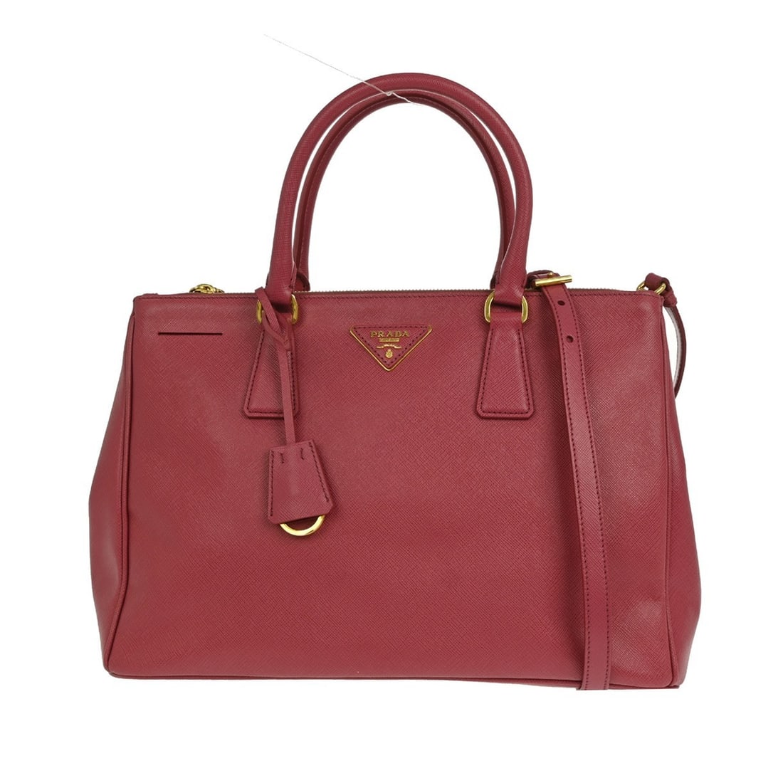 Prada Pink Saffiano Leather Double Zip Tote Bag: Prada Pink Saffiano Leather Double Zip Tote Bag This Prada Double Zip Lux Tote is crafted from saffiano leather in a pink color, designed for women. The handbag features dual zip compartments and a sh