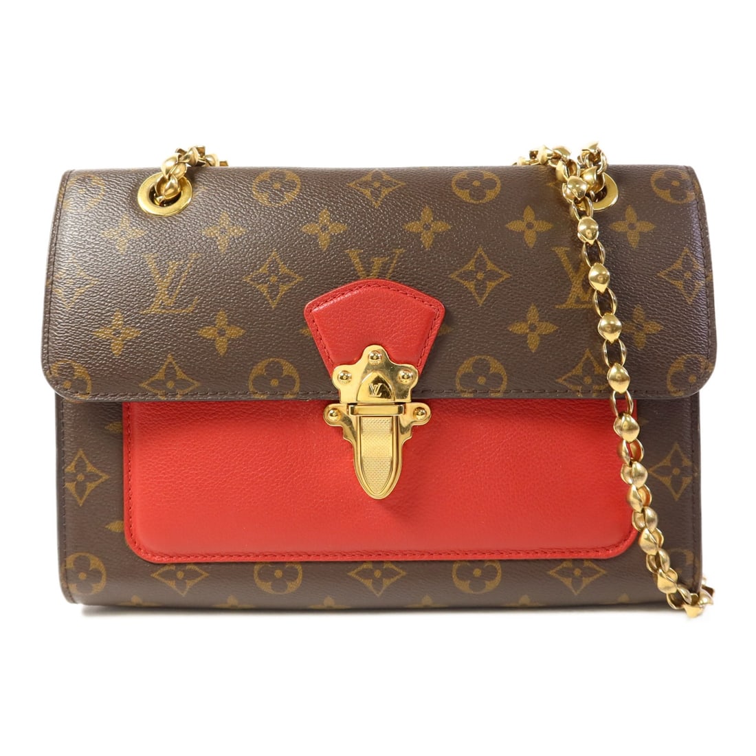 LOUIS VUITTON Victoire Chain Shoulder Bag M41731 Monogram Brown Red: LOUIS VUITTON Victoire Chain Shoulder Bag M41731 Monogram Brown Red Introducing the iconic Louis Vuitton Victoire Chain Shoulder Bag, a perfect blend of elegance and practicality. This stylish shoulde
