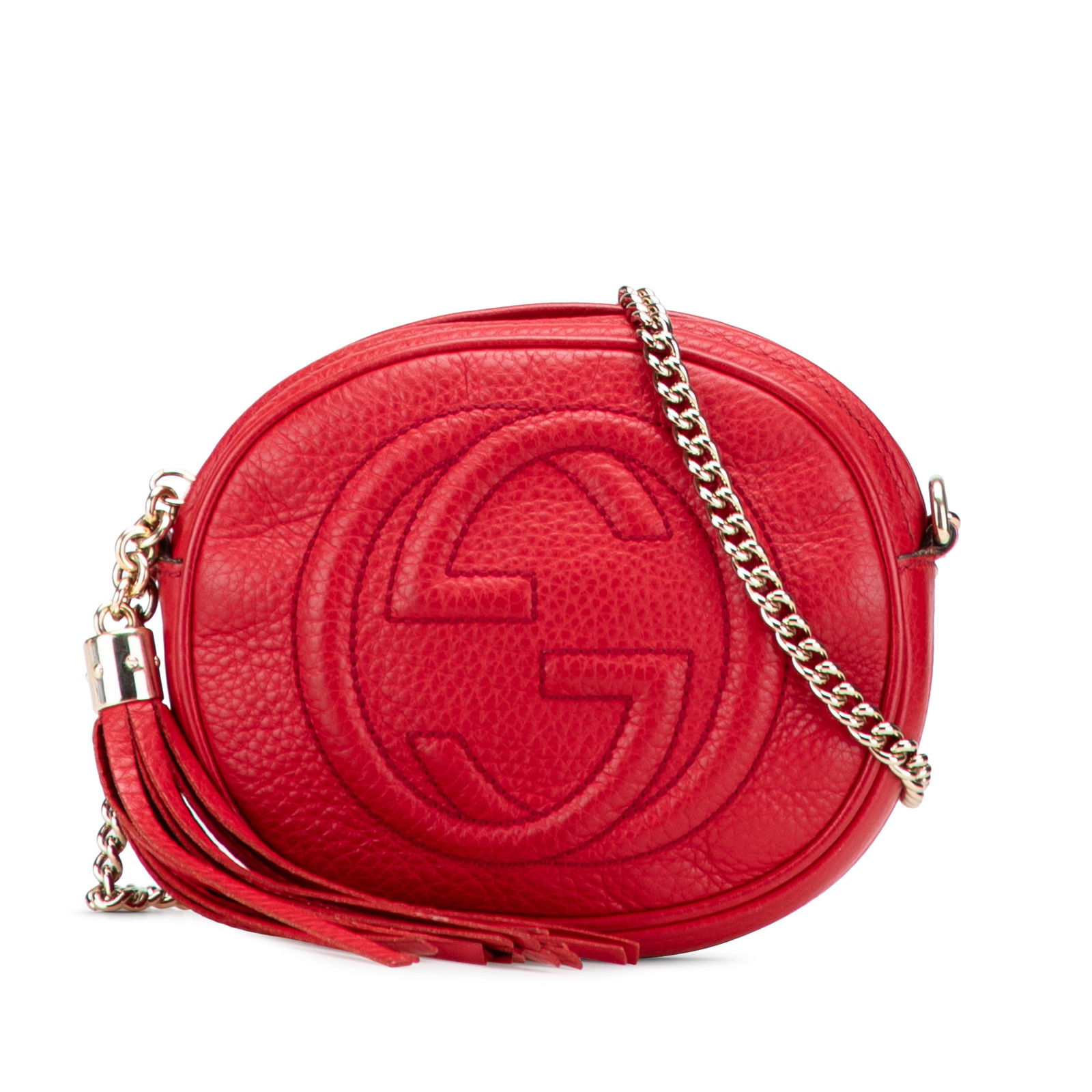 Gucci Mini Pebbled Calfskin Soho Red Chain Crossbody Bag: Gucci Mini Pebbled Calfskin Soho Red Chain Crossbody Bag This Gucci Mini Pebbled Calfskin Soho Chain Crossbody bag embodies elegance and functionality. Crafted from high-quality leather, it features a