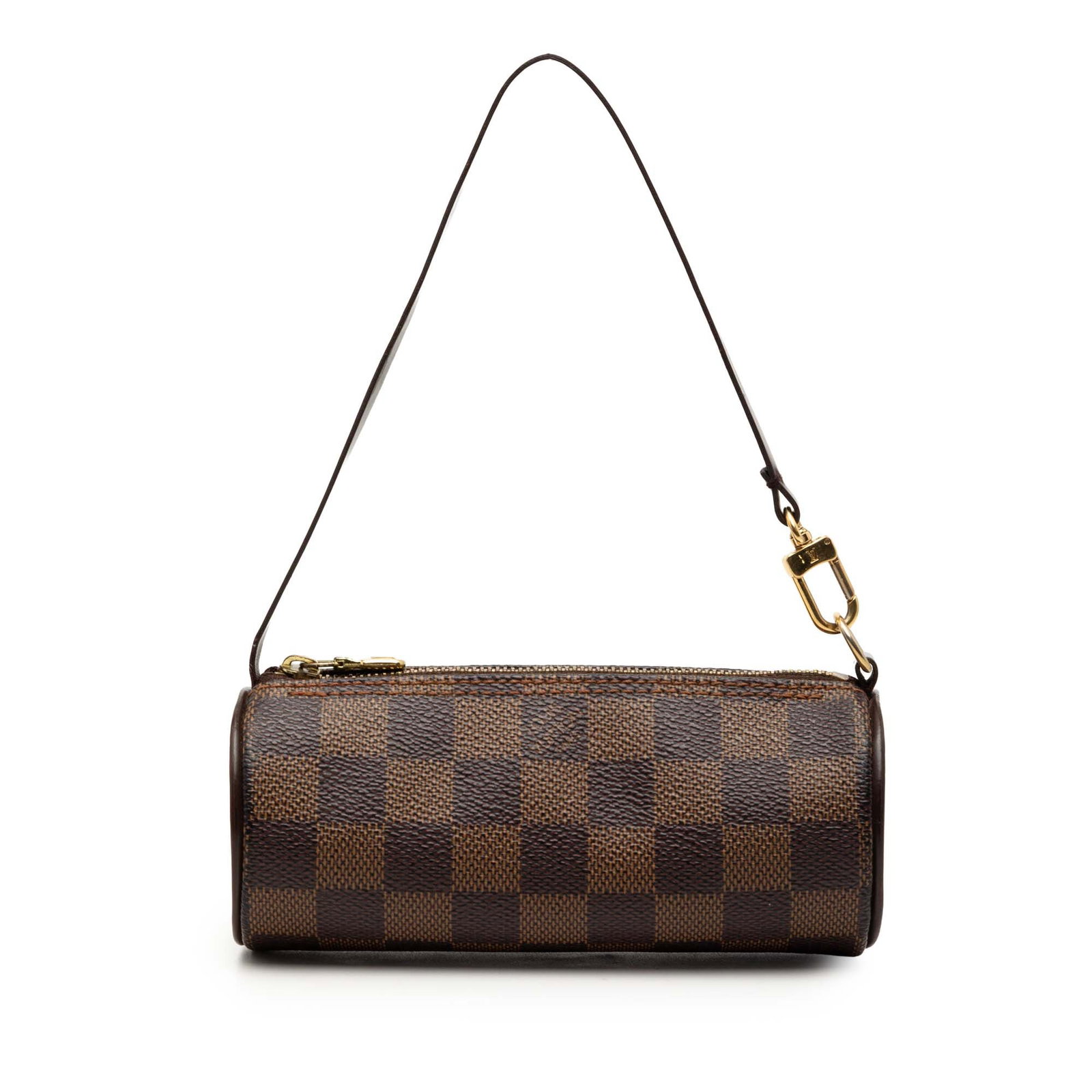 Louis Vuitton Papillon Pochette in Damier Ebene Canvas with Leather Strap: Louis Vuitton Papillon Pochette in Damier Ebene Canvas with Leather Strap The Louis Vuitton Damier Ebene Papillon Pochette features a brown Damier Ebene canvas body, a flat leather strap, and a top zi