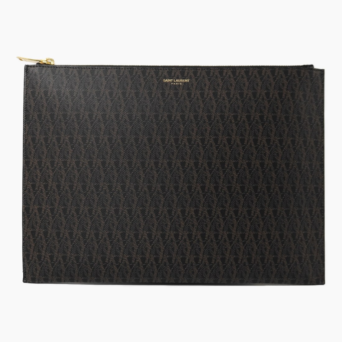 Yves Saint Laurent Brown Coated Canvas Pouch with Gold Hardware: Yves Saint Laurent Brown Coated Canvas Pouch with Gold Hardware This Saint Laurent pouch features a brown PVC coated canvas exterior with gold hardware. Made in Italy, it offers a sleek and practical
