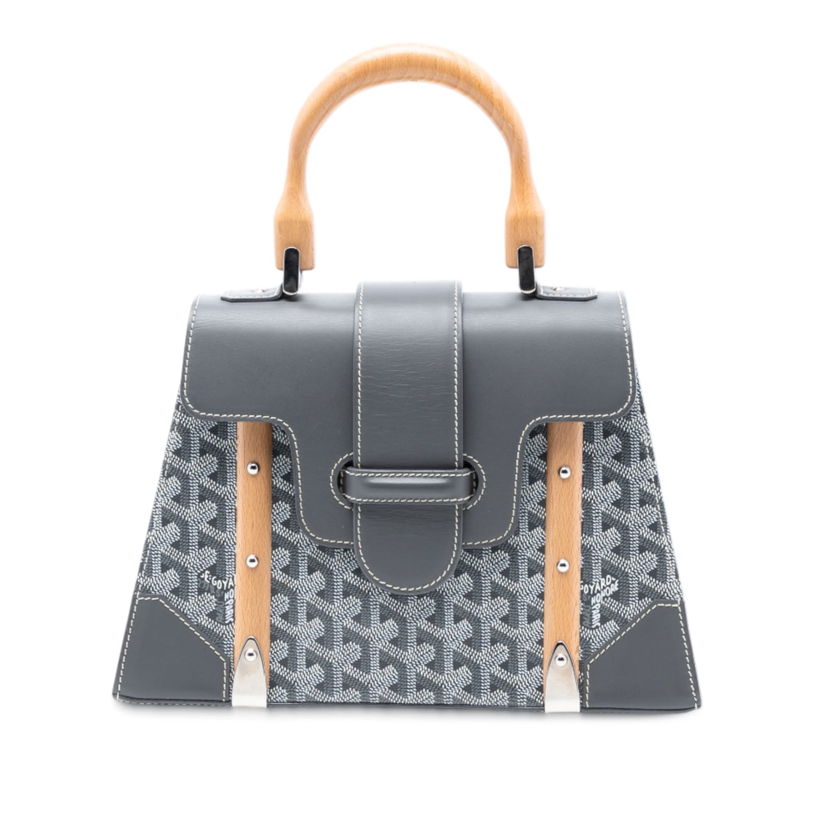 Goyard Goyardine Saigon PM Gray Canvas Handbag with Wooden Handle: Goyard Goyardine Saigon PM Gray Canvas Handbag with Wooden Handle This Goyardine Saigon Structured PM is crafted from coated canvas with leather trim and features a distinctive wooden top handle. The