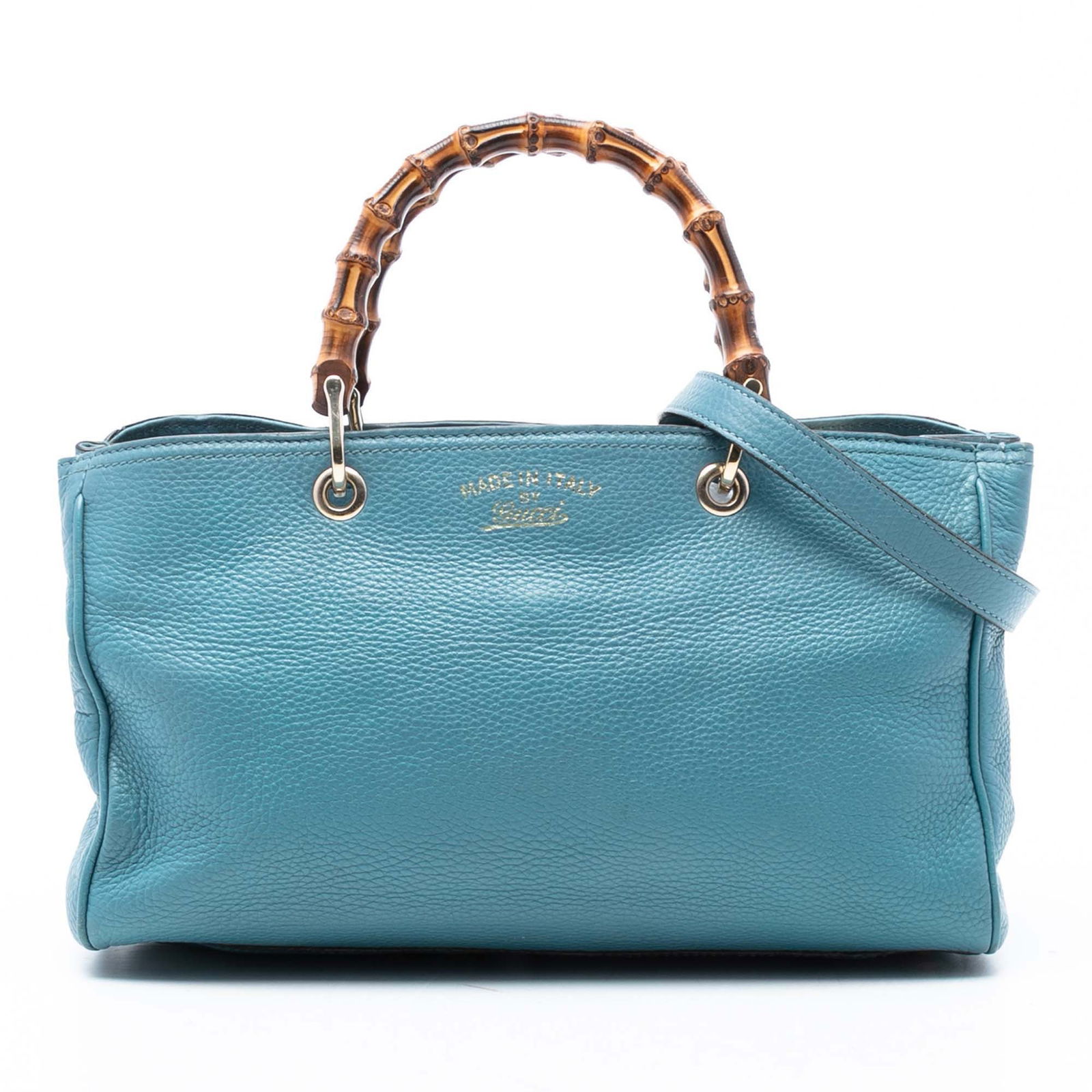 Gucci Bamboo Shopper Blue Leather Medium Satchel with Detachable Strap: Gucci Bamboo Shopper Blue Leather Medium Satchel with Detachable Strap This medium satchel features a leather body with bamboo top handles and a detachable flat leather strap. The bag has an open top