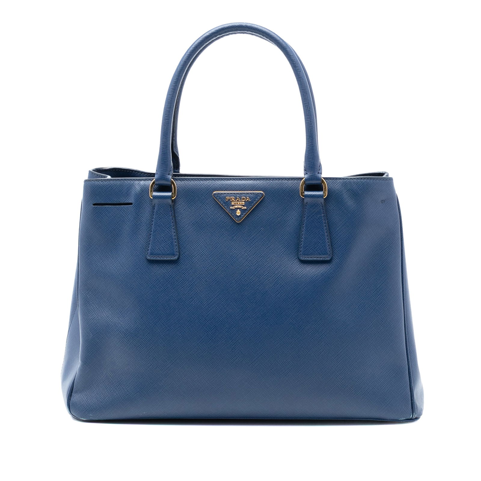 Prada Blue Saffiano Leather Medium Galleria Tote Bag: Prada Blue Saffiano Leather Medium Galleria Tote Bag This Prada Medium Saffiano Lux Galleria Tote features a saffiano leather exterior in blue, rolled leather handles, an open top with a magnetic snap