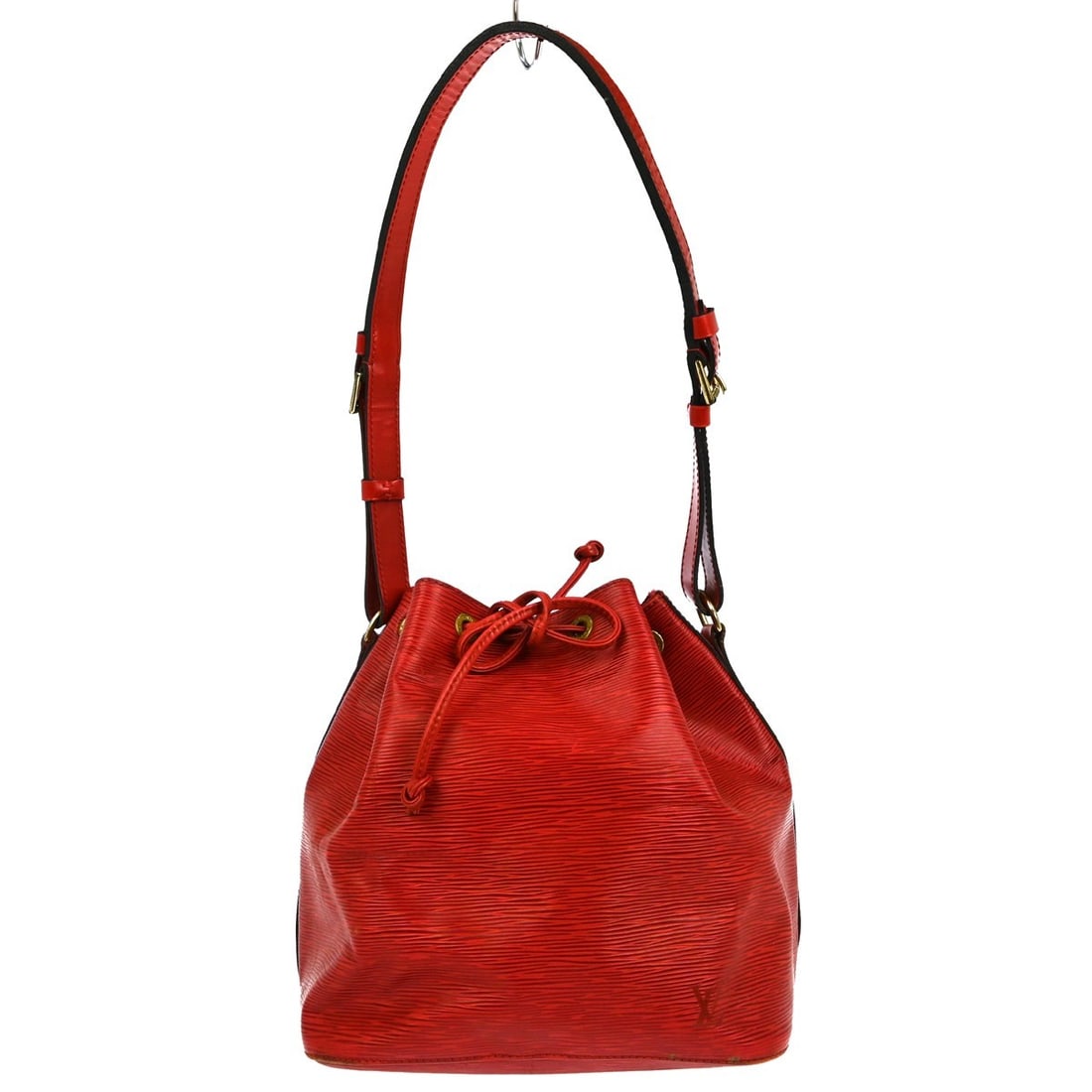 Louis Vuitton Epi Leather Petit Noe Red Handbag 25x27x19cm: Louis Vuitton Epi Leather Petit Noe Red Handbag 25x27x19cm This Louis Vuitton Petit Noe handbag is crafted from red Epi leather and designed for female use. The bag shows signs of wear including scrat