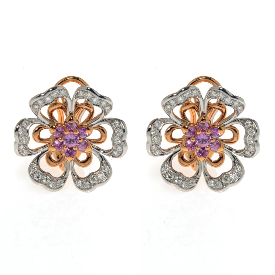 Luca Carati 18K Rose White Gold Pink Sapphire Diamond Flower Earrings: Luca Carati 18K Rose White Gold Pink Sapphire Diamond Flower Earrings These stunning Luca Carati earrings are crafted from solid 18K rose and white gold, elegantly designed in the shape of flowers. Fe