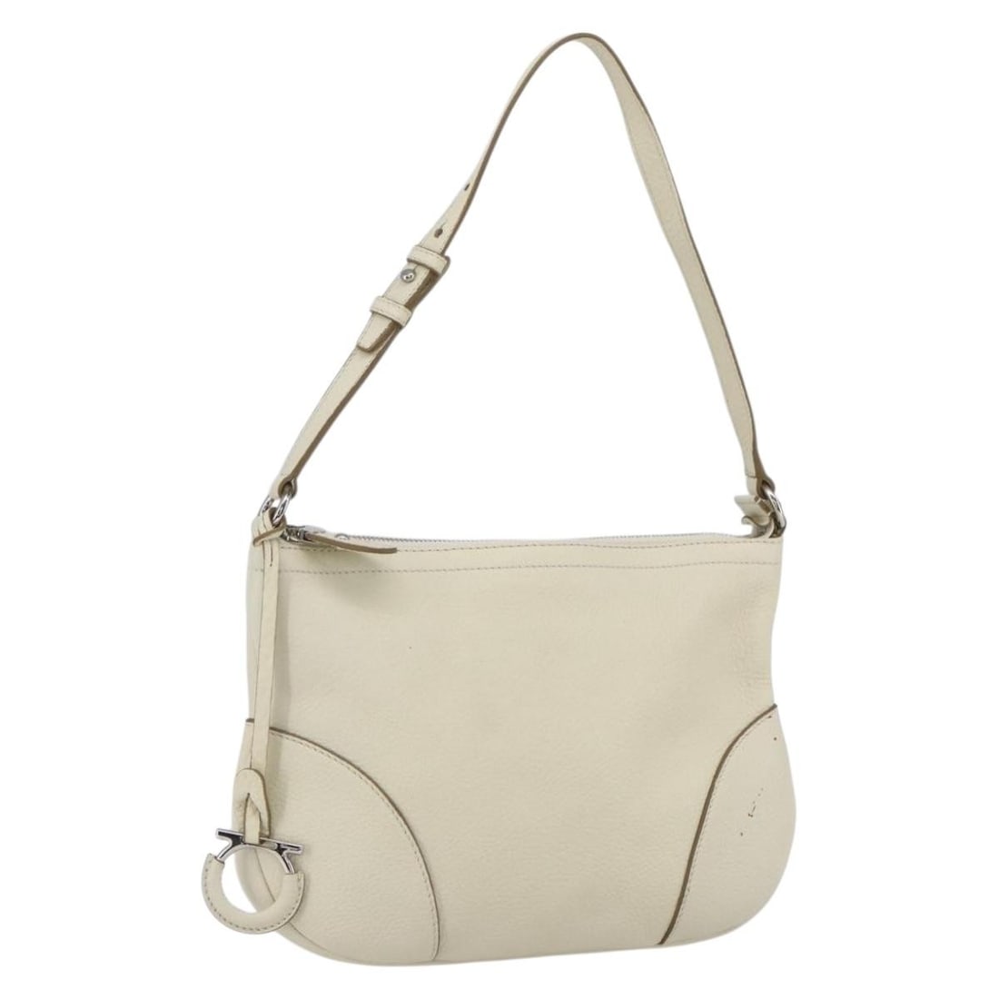 Leather Shoulder Bag by Salvatore Ferragamo in Silver White: Leather Shoulder Bag by Salvatore Ferragamo in Silver White This Salvatore Ferragamo Gancini shoulder bag features a silver and white leather exterior crafted in Italy. It offers a sleek silhouette wi