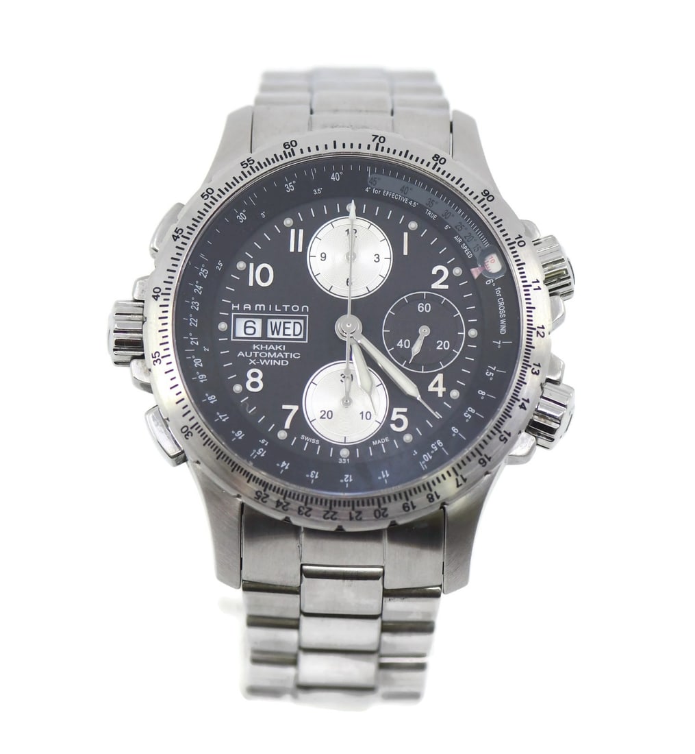 Hamilton Khaki X-Wind Automatic Watch H776160 with Box and Papers: Hamilton Khaki X-Wind Automatic Watch H776160 with Box and Papers This Hamilton Khaki X-Wind wristwatch combines style and functionality with its robust stainless steel construction. Featuring a preci