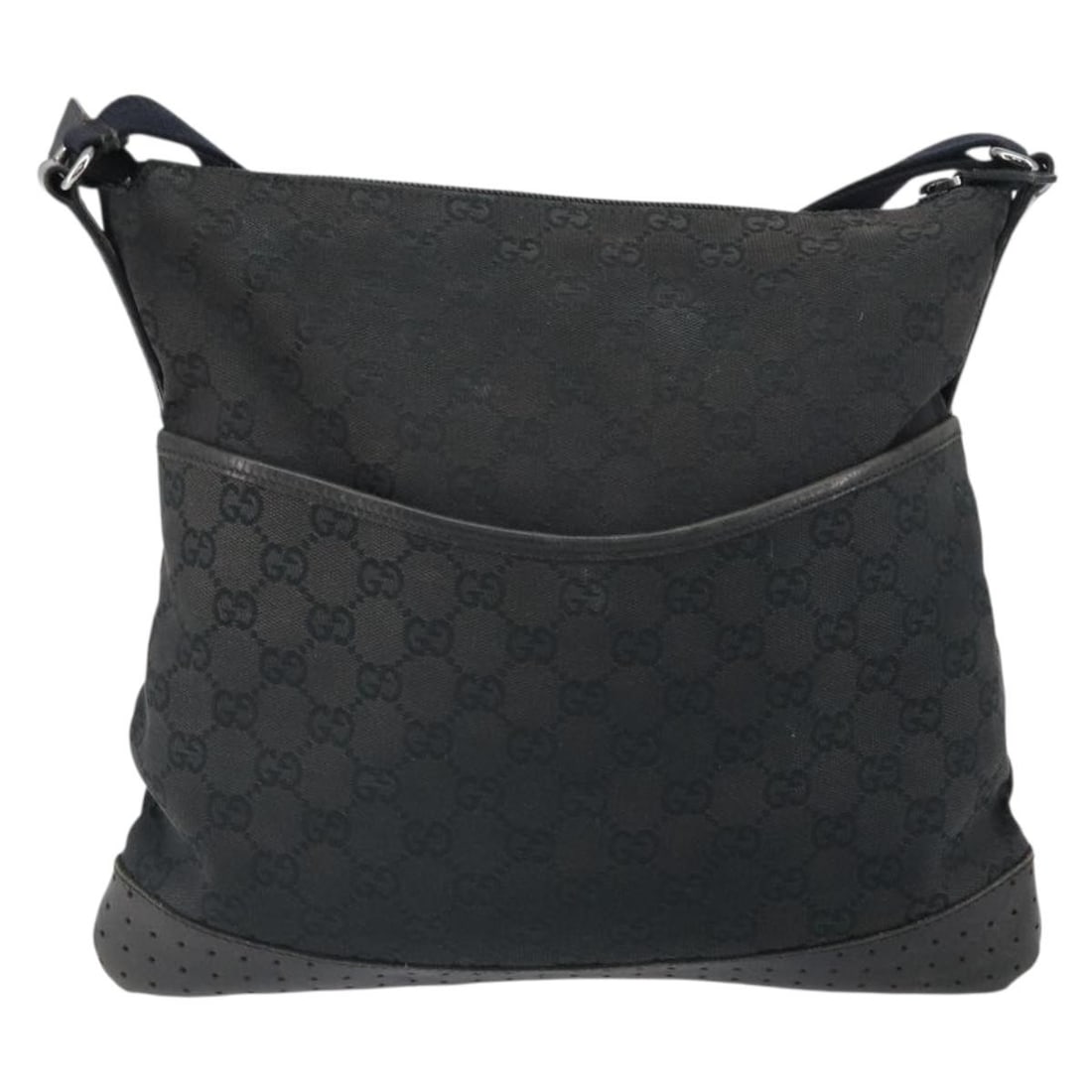 GG Canvas Messenger Bag with Perforated Leather by Gucci: GG Canvas Messenger Bag with Perforated Leather by Gucci This Gucci Zip Messenger Bag for women features the GG canvas with perforated leather details in black. The bag measures 30cm x 28cm x 1cm and