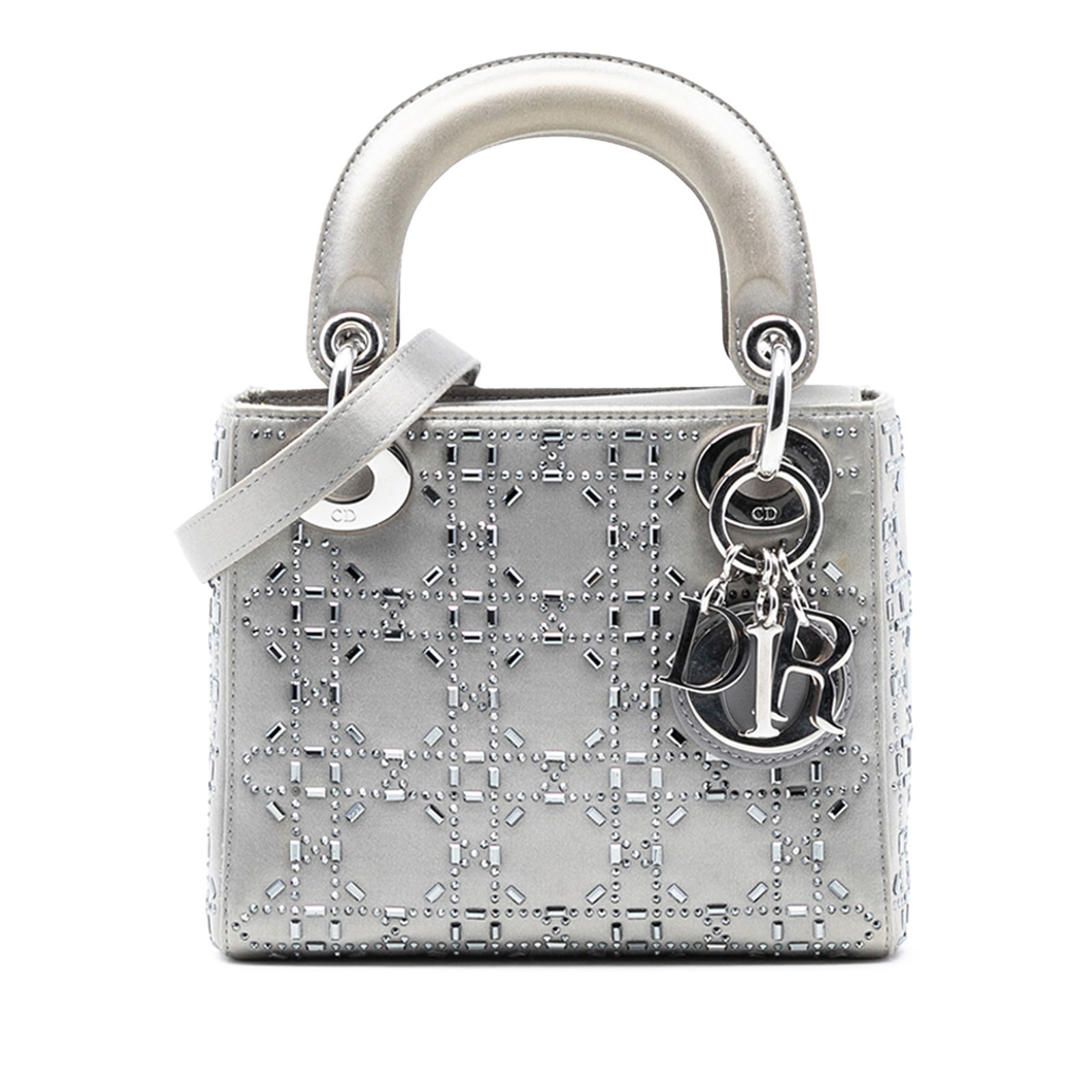 Dior Mini Lady Dior Satin Bag with Crystal Embellishments and Detachable Strap: Dior Mini Lady Dior Satin Bag with Crystal Embellishments and Detachable Strap This Mini Lady Dior handbag features a gray satin body with intricate crystal embellishments in the Cannage pattern. It i