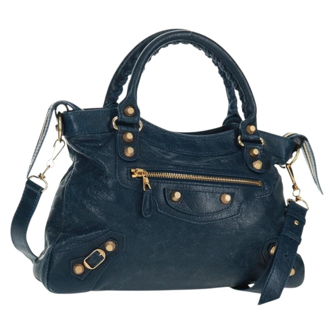 Blue Leather Giant Town Shoulder and Tote Bag by Balenciaga with Gold Accents: Blue Leather Giant Town Shoulder and Tote Bag by Balenciaga with Gold Accents This Balenciaga Giant Town handbag features a versatile 2-way design crafted in blue leather with gold-tone accents. It in