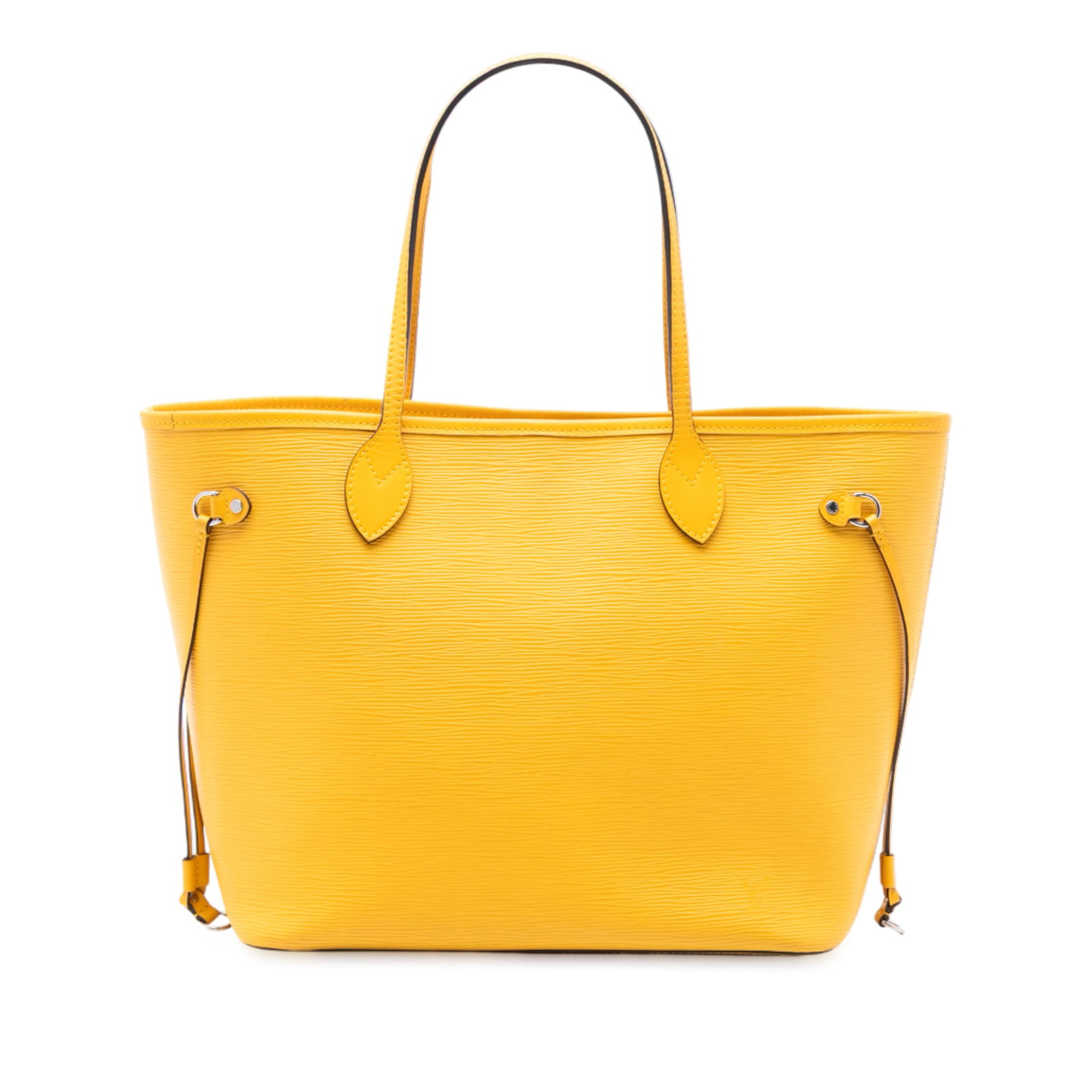 Epi Leather Neverfull MM Tote Bag with Pouch by Louis Vuitton: Epi Leather Neverfull MM Tote Bag with Pouch by Louis Vuitton This Louis Vuitton Epi Neverfull MM features a structured yellow epi leather body with flat leather straps and an open top secured by a lo