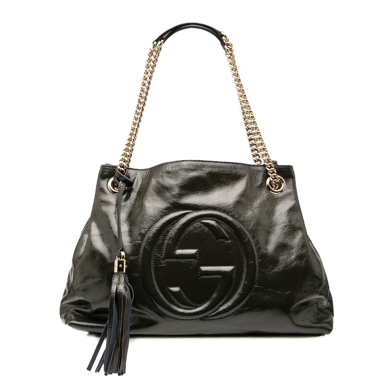 Blue Patent Leather Soho Chain Shoulder Bag by Gucci Medium Size: Blue Patent Leather Soho Chain Shoulder Bag by Gucci Medium Size This Gucci Medium Patent Soho Chain Tote is crafted from blue patent leather and features chain link straps, an open top with a lobster