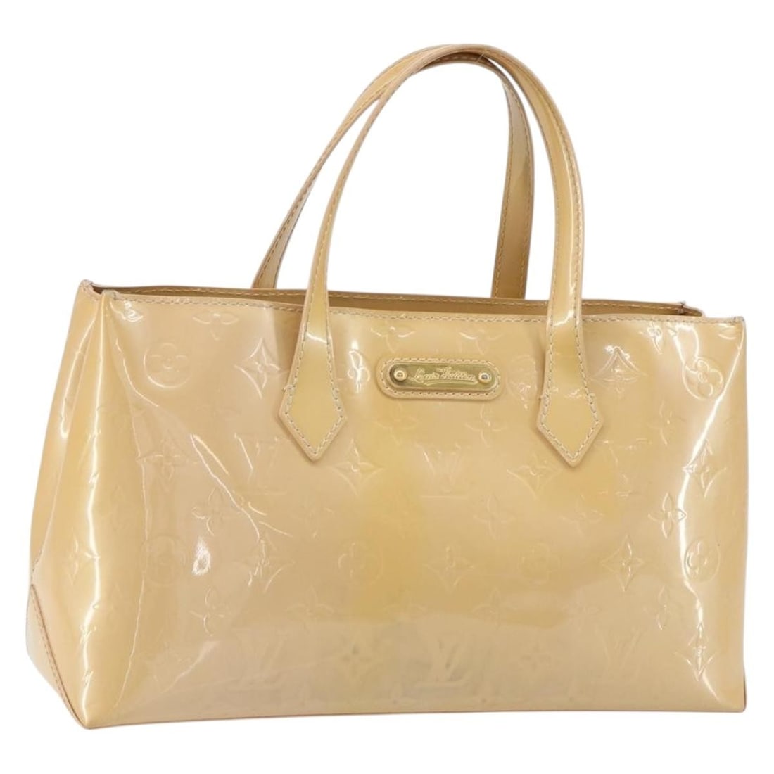 Louis Vuitton Wilshire Patent Leather Handbag Beige 31cm: Louis Vuitton Wilshire Patent Leather Handbag Beige 31cm This Louis Vuitton Wilshire handbag features the iconic Monogram Vernis patent leather in beige, designed for women. It presents signs of wear