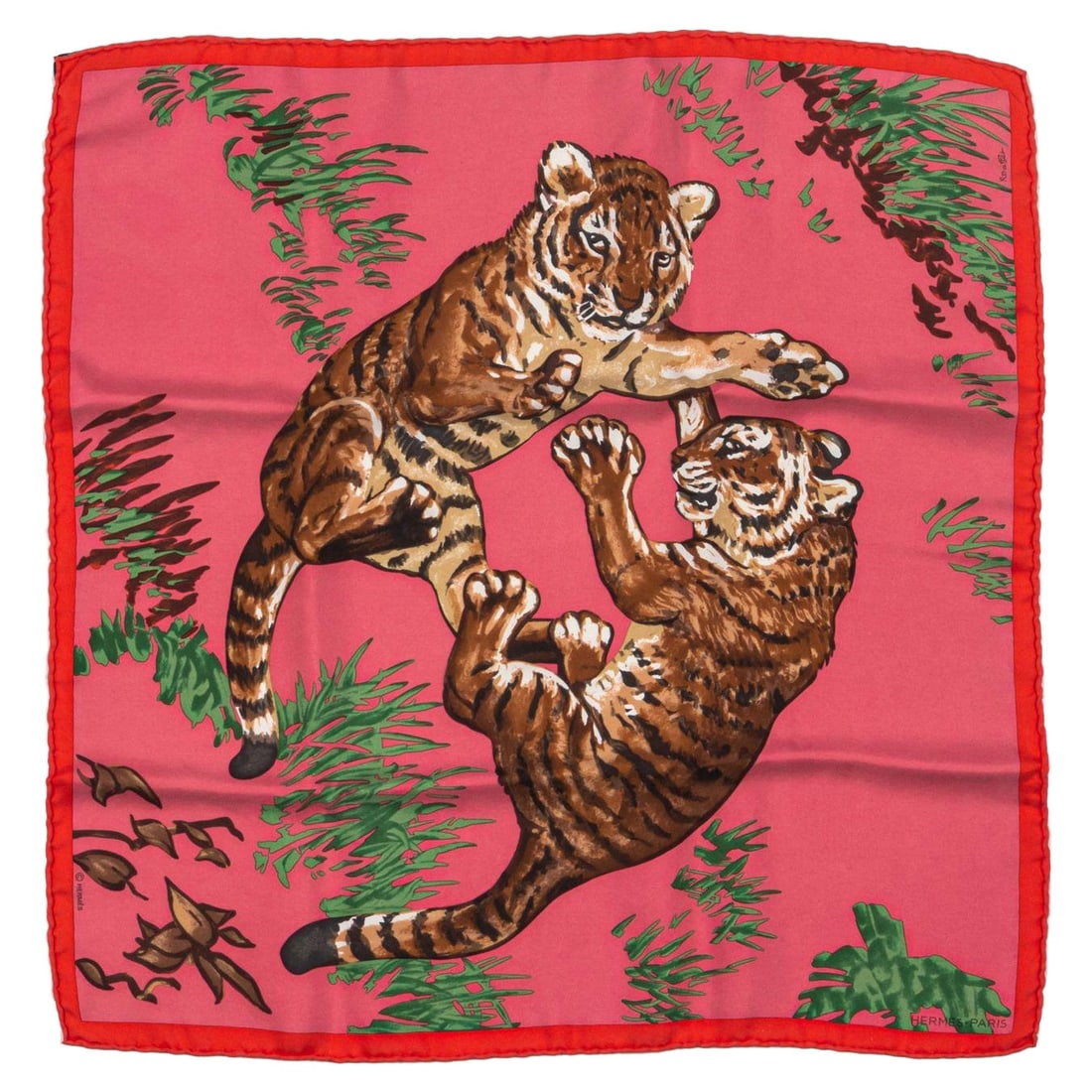 Hermes Pink Tiger Cubs Silk Scarf 26.5 in with Box: Hermes Pink Tiger Cubs Silk Scarf 26.5 in with Box This exquisite Hermes silk gavroche features a playful pink background adorned with bounding tigers, accentuated by a bold red border. The scarf meas