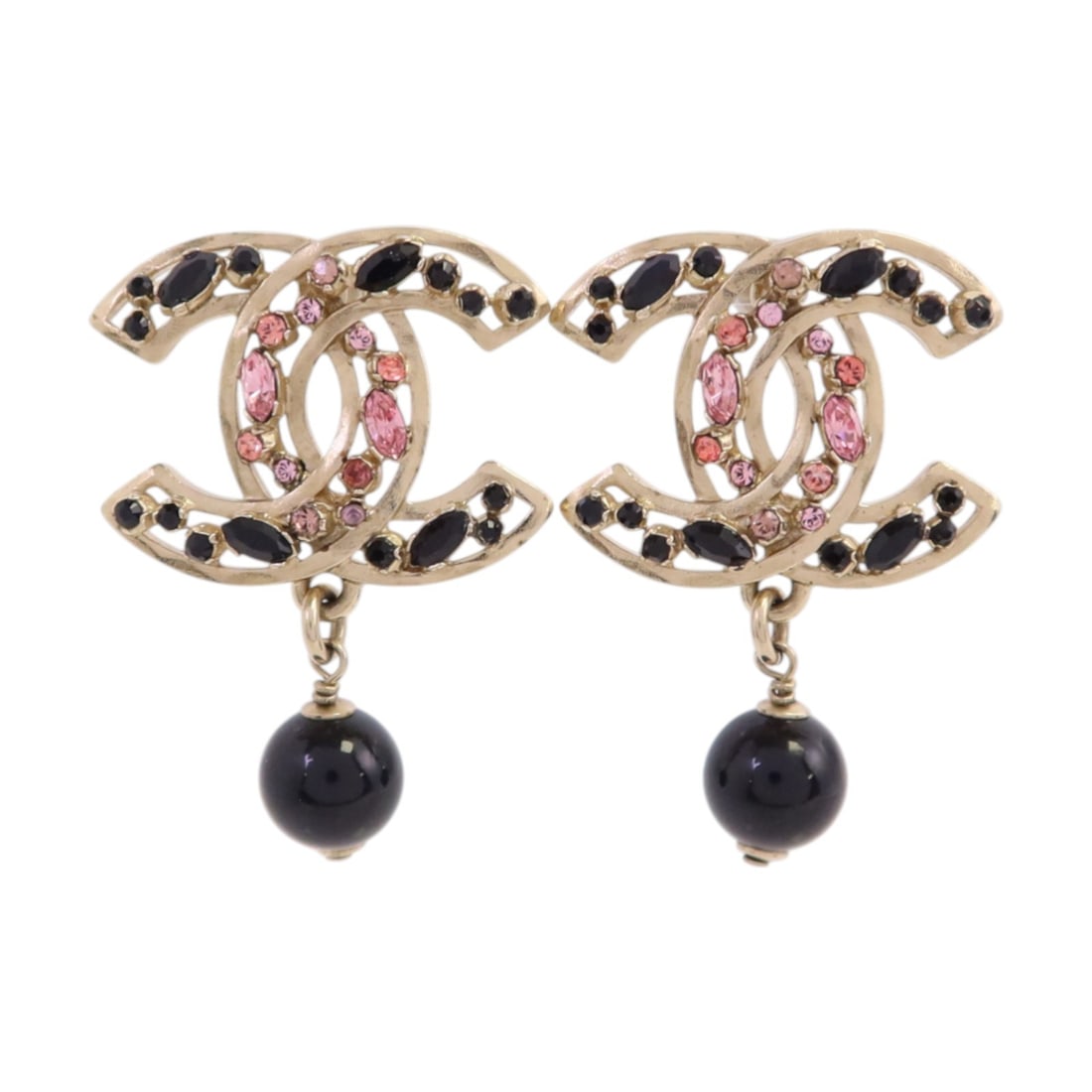 Chanel Black and Pink CC Logo Drop Earrings Gold Tone Metal: Chanel Black and Pink CC Logo Drop Earrings Gold Tone Metal These CHANEL CC drop earrings feature black, pink, and gold tones with strass accents and PVC detailing. Designed as pierced earrings, they
