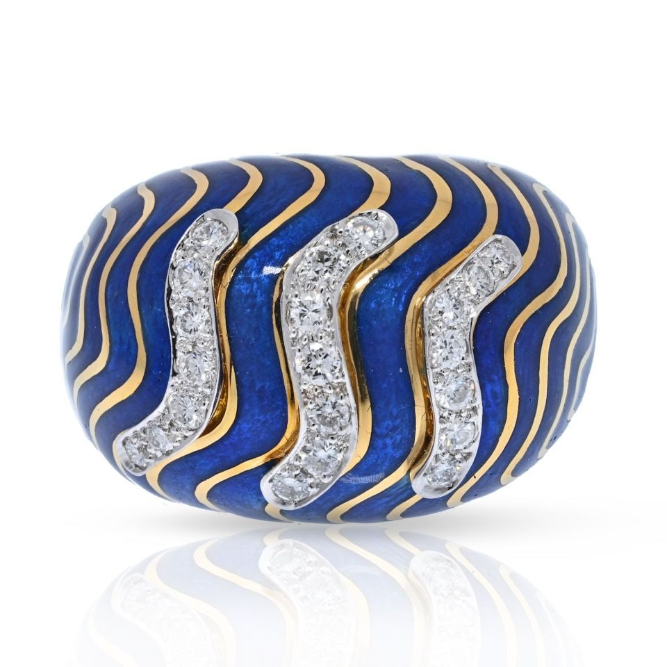 David Webb Bombe Diamond Ring in Platinum and 18K Yellow Gold with Blue Enamel: David Webb Bombe Diamond Ring in Platinum and 18K Yellow Gold with Blue Enamel This exquisite bombe-style ring by David Webb showcases a striking blue enamel striped pattern complemented by approximat