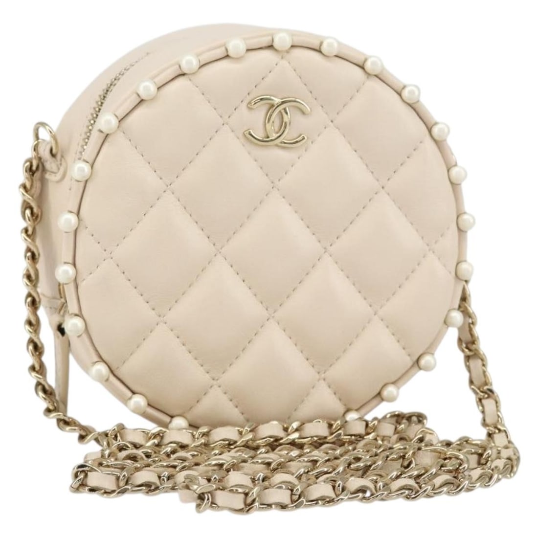 Beige Quilted Leather Chanel Pearl Accent Round Chain Clutch Bag (1 of 18)