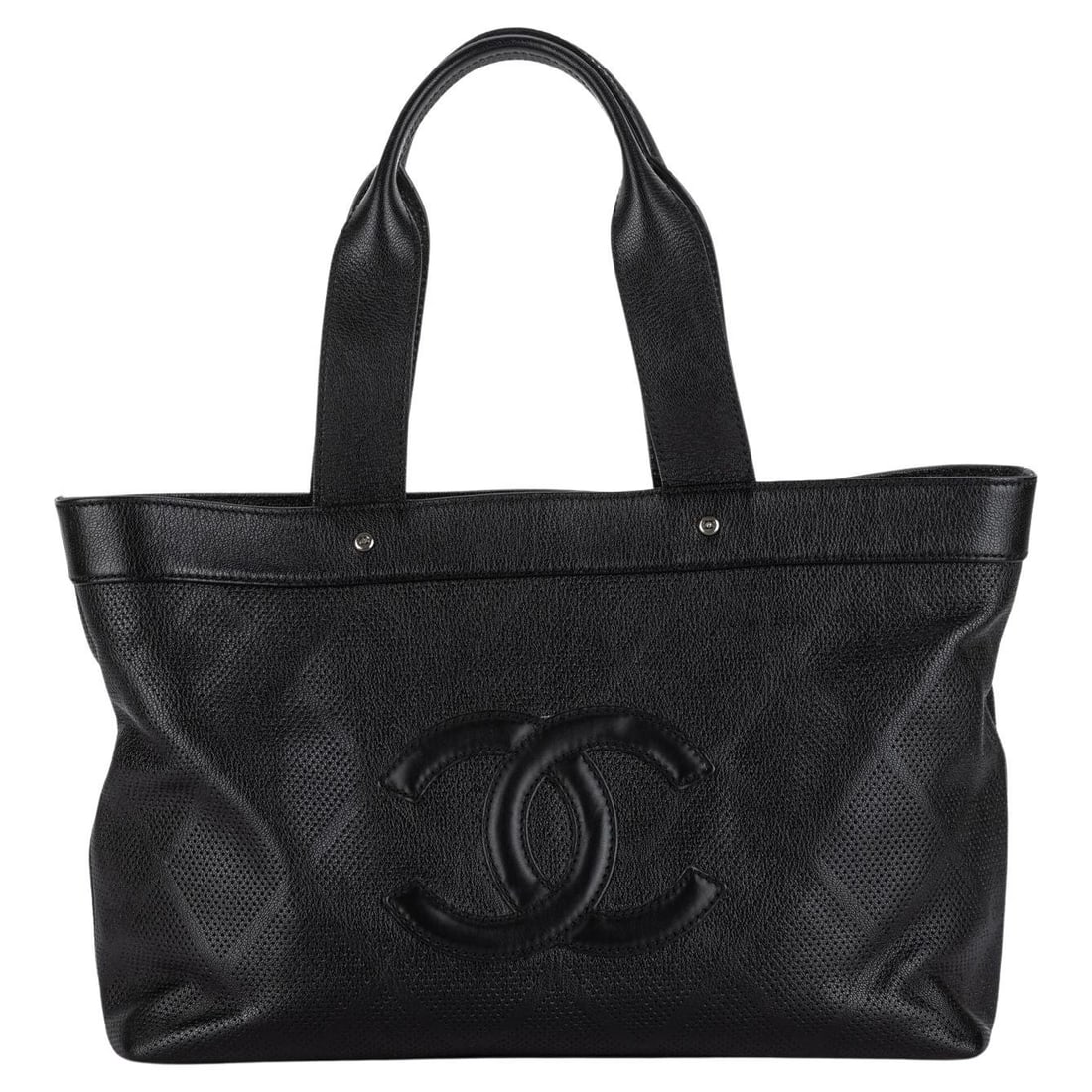 Chanel Black Perforated Leather Tote Bag Italy 21st Century: Chanel Black Perforated Leather Tote Bag Italy 21st Century Elevate your style with this Chanel CC Perforated Leather Black Tote. Crafted in Italy, this striking tote features a classic design made fr