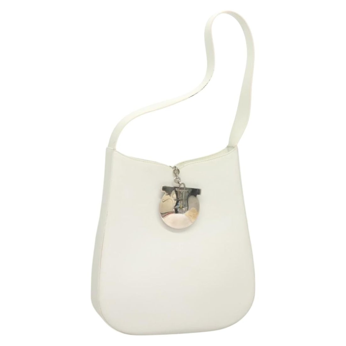White Leather Gancini Shoulder Bag by Salvatore Ferragamo: White Leather Gancini Shoulder Bag by Salvatore Ferragamo This Salvatore Ferragamo Gancini shoulder bag is crafted from white leather and designed for women. It features a shoulder strap and metal fit