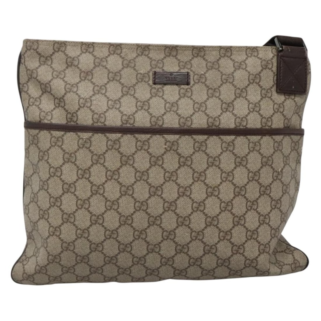 Unisex Gucci Coated Canvas Messenger Bag with Zip Closure: Unisex Gucci Coated Canvas Messenger Bag with Zip Closure This Gucci Zip Top Messenger Bag features a beige GG coated canvas exterior with leather detailing. Designed for unisex use, it offers a spaci