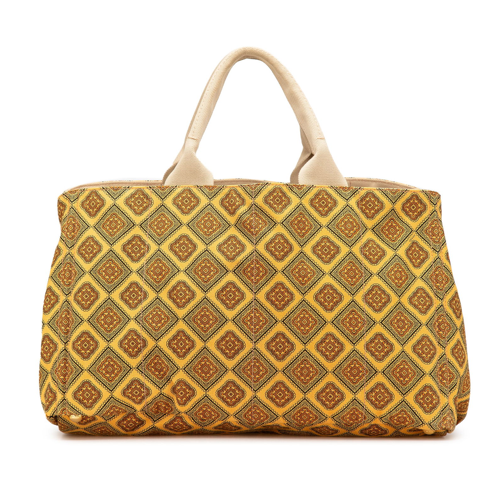 Prada Yellow Canvas Printed Canapa Satchel Made in Italy: Prada Yellow Canvas Printed Canapa Satchel Made in Italy This Prada Large Canvas Printed Canapa Satchel showcases a vibrant yellow printed canvas body, complemented by rolled handles and an open top f