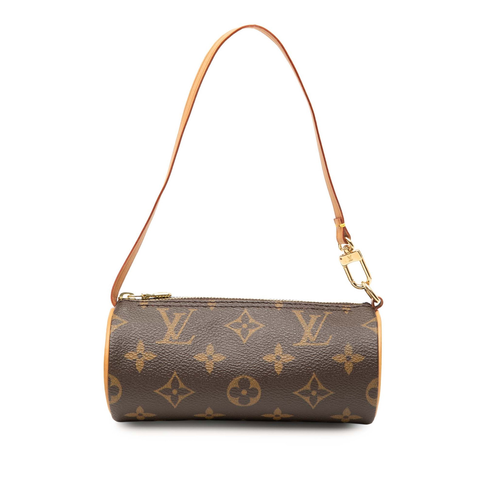 Papillon Pochette Brown Monogram Canvas Bag with Vachetta Leather Strap: Papillon Pochette Brown Monogram Canvas Bag with Vachetta Leather Strap The Louis Vuitton Monogram Papillon Pochette features a monogram canvas body with a flat vachetta leather strap and a top zip cl