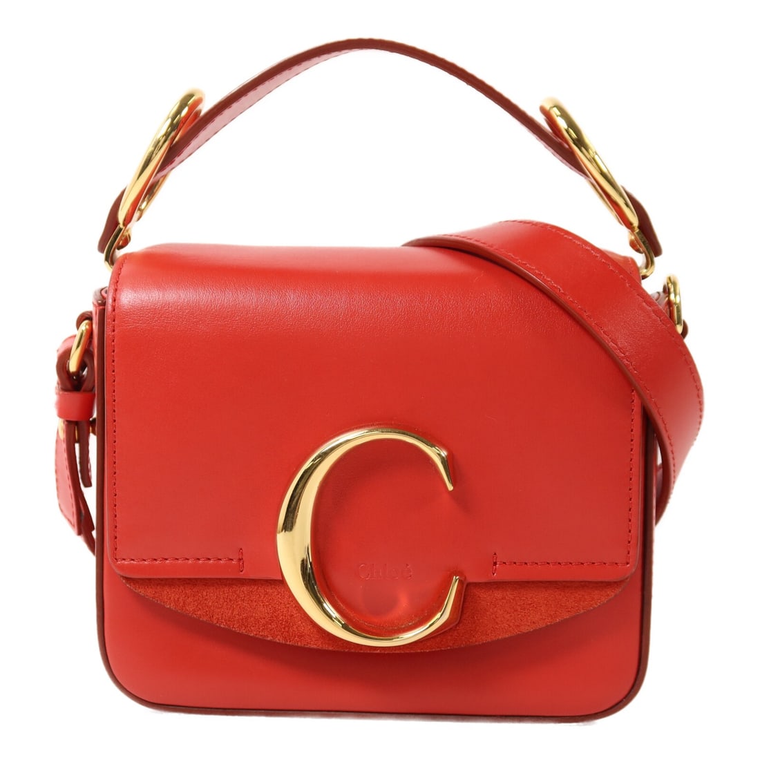 Chloe Mini C Red Calfskin Leather Shoulder Bag with Gold Hardware: Chloe Mini C Red Calfskin Leather Shoulder Bag with Gold Hardware This Chloe Mini C Bag is a versatile 2-way shoulder bag crafted from red calfskin leather. It features a compact design, suitable for