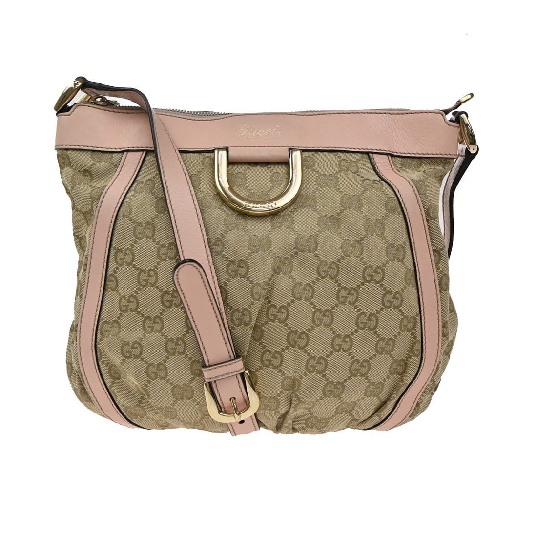 Brown Canvas Gucci D-Ring Outlet Shoulder Bag for Women: Brown Canvas Gucci D-Ring Outlet Shoulder Bag for Women The Gucci D-Ring Shoulder Bag is crafted from signature GG canvas in brown, designed for women. This pre-owned bag is in very good condition, wi