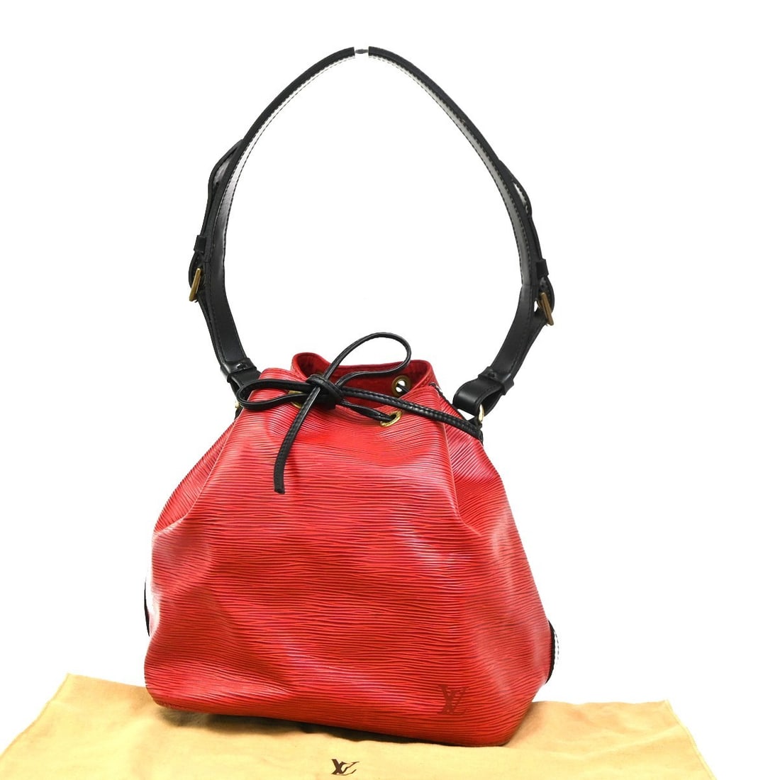 Red Louis Vuitton Epi Leather Petit Noe Shoulder Handbag 25x27x19cm: Red Louis Vuitton Epi Leather Petit Noe Shoulder Handbag 25x27x19cm Louis Vuitton Petit Noe handbag crafted from red Epi leather, designed for women. This compact handbag features a drawstring closure