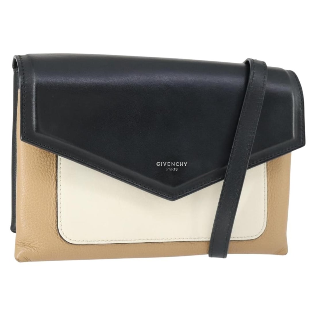 Black Leather Givenchy Shoulder Bag with Silver Tone Accents: Black Leather Givenchy Shoulder Bag with Silver Tone Accents This Givenchy shoulder bag is crafted from black leather with silver-tone accents. Made in Italy, it features a structured silhouette with