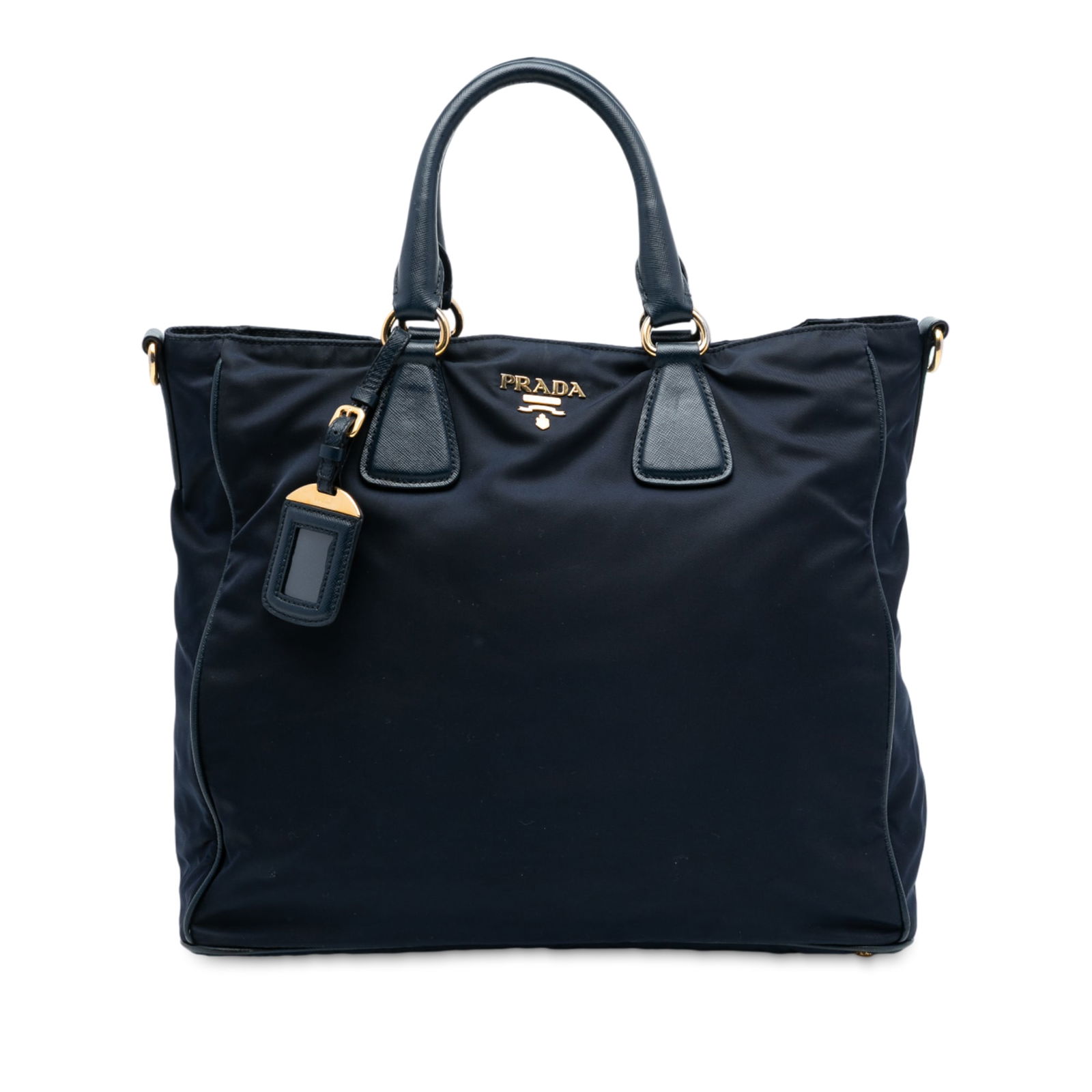 Blue Tessuto Satchel with Saffiano Leather Trim by Prada: Blue Tessuto Satchel with Saffiano Leather Trim by Prada This Prada Saffiano Trimmed Tessuto Satchel features a blue nylon body with rolled leather top handles. It has an open top with a snap button c