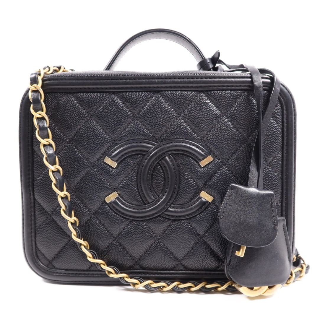 CHANEL CC GHW Filigree Black Calfskin 2 Way Shoulder Bag: CHANEL CC GHW Filigree Black Calfskin 2 Way Shoulder Bag Introducing the CHANEL CC GHW Filigree Vanity Case 2 Way Shoulder Bag, a luxurious accessory crafted from high-quality black calfskin leather.