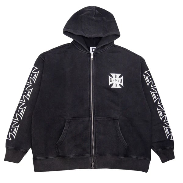 Washed Black Zip-Up Hoodie with Choppa Graphic on Sleeve: Washed Black Zip-Up Hoodie with Choppa Graphic on Sleeve The On The Arm Choppa Washed Black Zip Up Hoodie combines a vintage washed black finish with a bold "Choppa" graphic printed on the arm, breast