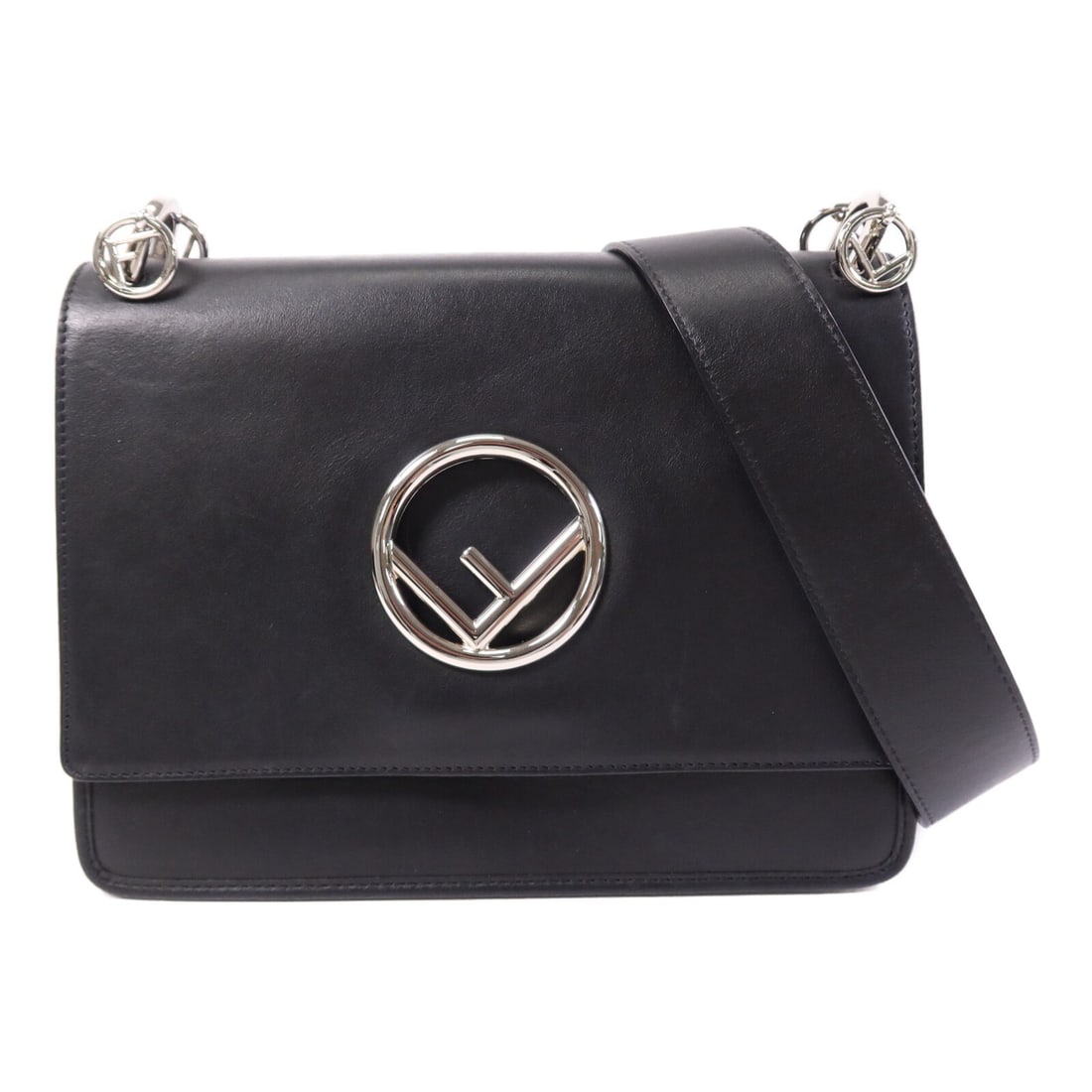 Fendi Kan I Black Calfskin Shoulder Bag with Silver Hardware 8BT284-21H: Fendi Kan I Black Calfskin Shoulder Bag with Silver Hardware 8BT284-21H This Fendi Kan I shoulder bag features a sleek black calfskin leather exterior and a structured silhouette. Designed for versati