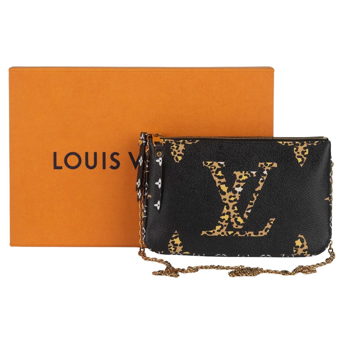 Louis Vuitton Double Zip Pochette Jungle Black Leopard Print: Louis Vuitton Double Zip Pochette Jungle Black Leopard Print Introducing the Louis Vuitton Double Zip Pochette Jungle, a stylish clutch that combines luxury with a bold design. Crafted in France, this