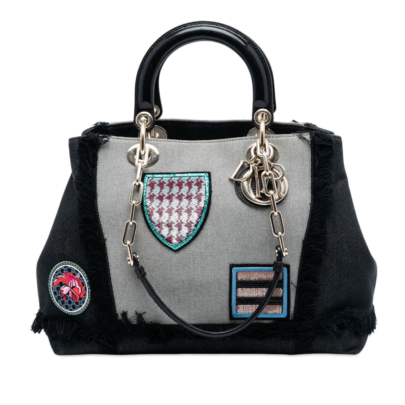 Dior D Light Satchel Denim Patch Shoulder Bag with Leather Handles: Dior D Light Satchel Denim Patch Shoulder Bag with Leather Handles This Dior Denim Patch D Light Satchel features a denim body with rolled leather handles and chain-link shoulder straps. The bag is de