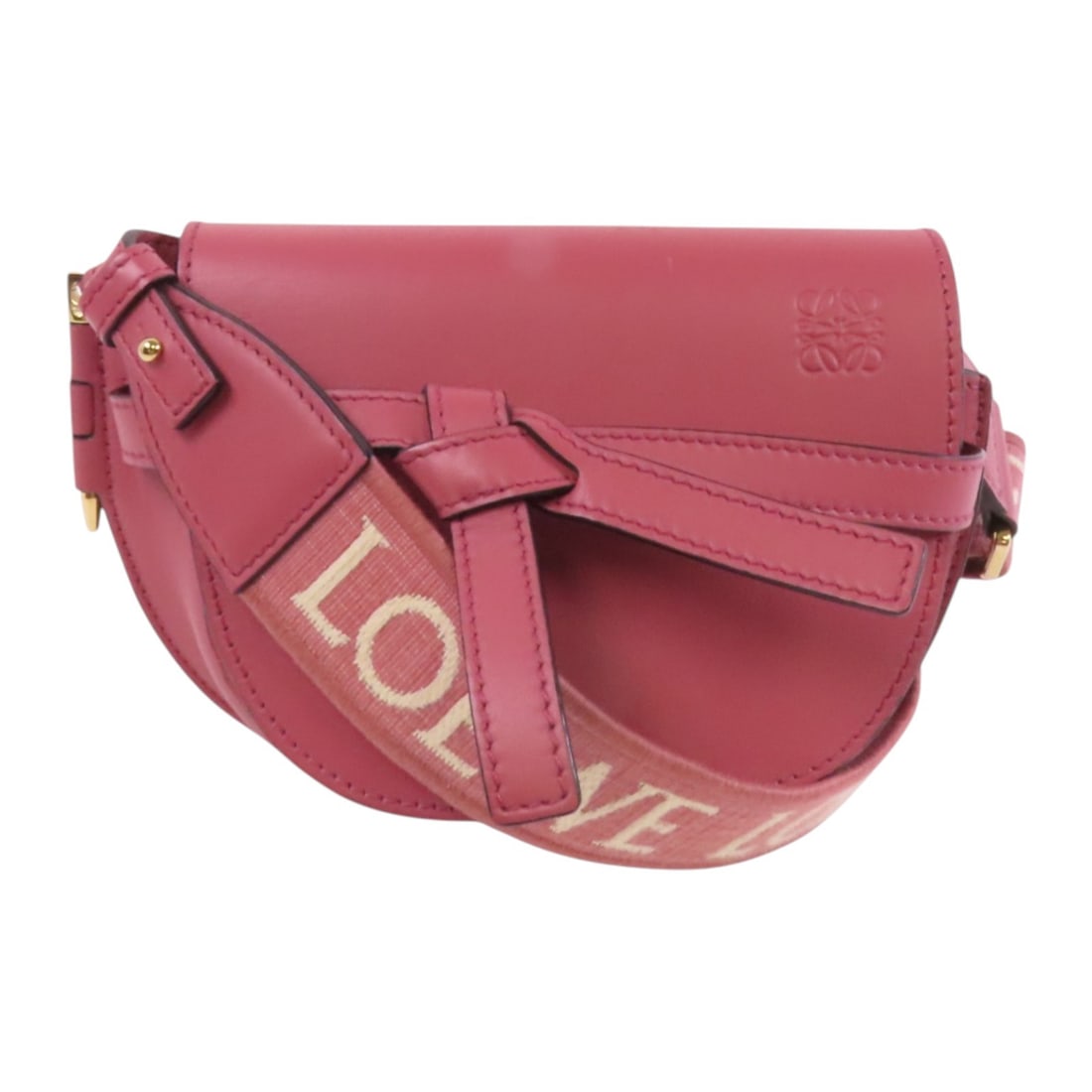 LOEWE Mini Gate Pink Calfskin Shoulder Bag: LOEWE Mini Gate Pink Calfskin Shoulder Bag Introducing the LOEWE Mini Gate Shoulder Bag, a chic and stylish accessory crafted from high-quality calfskin leather. This versatile bag features a lovely p