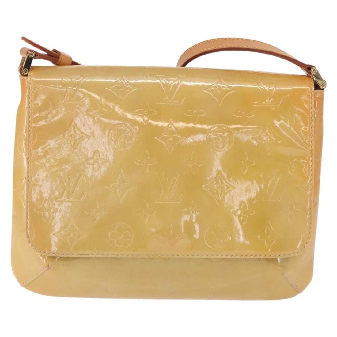 Beige Patent Leather Thompson Street Shoulder Bag by Louis Vuitton: Beige Patent Leather Thompson Street Shoulder Bag by Louis Vuitton This Louis Vuitton Thompson Street handbag is crafted from beige monogram Vernis patent leather and designed for women. It features a