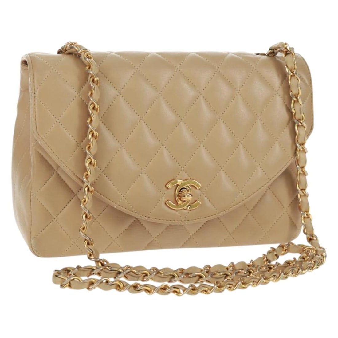 Chanel Matelasse Beige Lambskin Shoulder Bag with Gold Chain and CC Logo: Chanel Matelasse Beige Lambskin Shoulder Bag with Gold Chain and CC Logo This CHANEL Matelasse chain shoulder bag features a beige lambskin exterior with gold-tone accents. Designed for everyday elega
