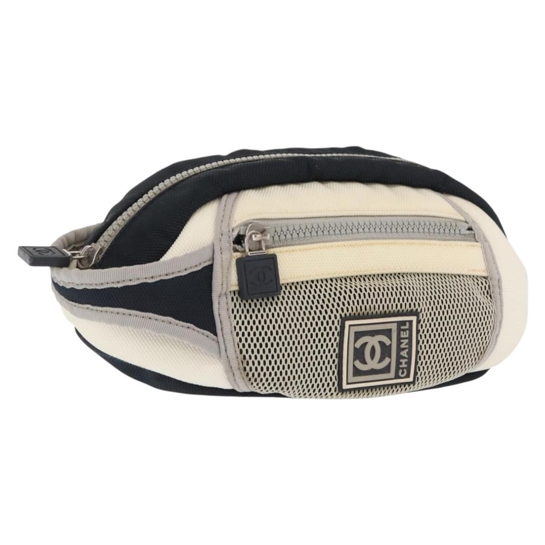 White Nylon Pouch by CHANEL with Silver Tone and Guarantee Card: White Nylon Pouch by CHANEL with Silver Tone and Guarantee Card This CHANEL accessory pouch features a sleek design crafted from white and silver nylon. Made in Italy, the pouch includes a guarantee c