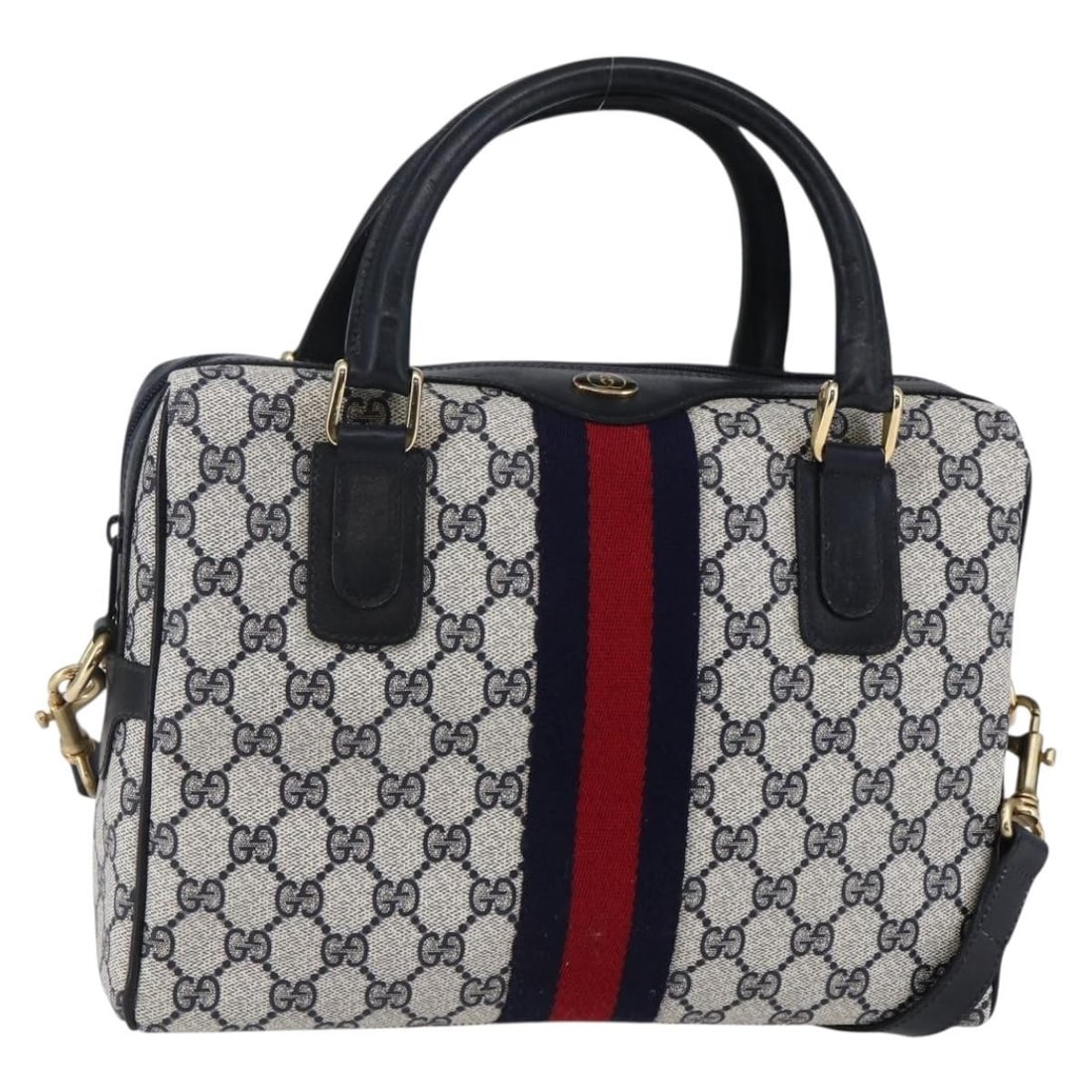 GUCCI GG Supreme Sherry Line Shoulder Bag PVC Navy Gold 010 378 Auth: GUCCI GG Supreme Sherry Line Shoulder Bag PVC Navy Gold 010 378 Auth Introducing the GUCCI GG Supreme Sherry Line Shoulder Bag, a stylish accessory that combines luxury with practicality. Crafted in I