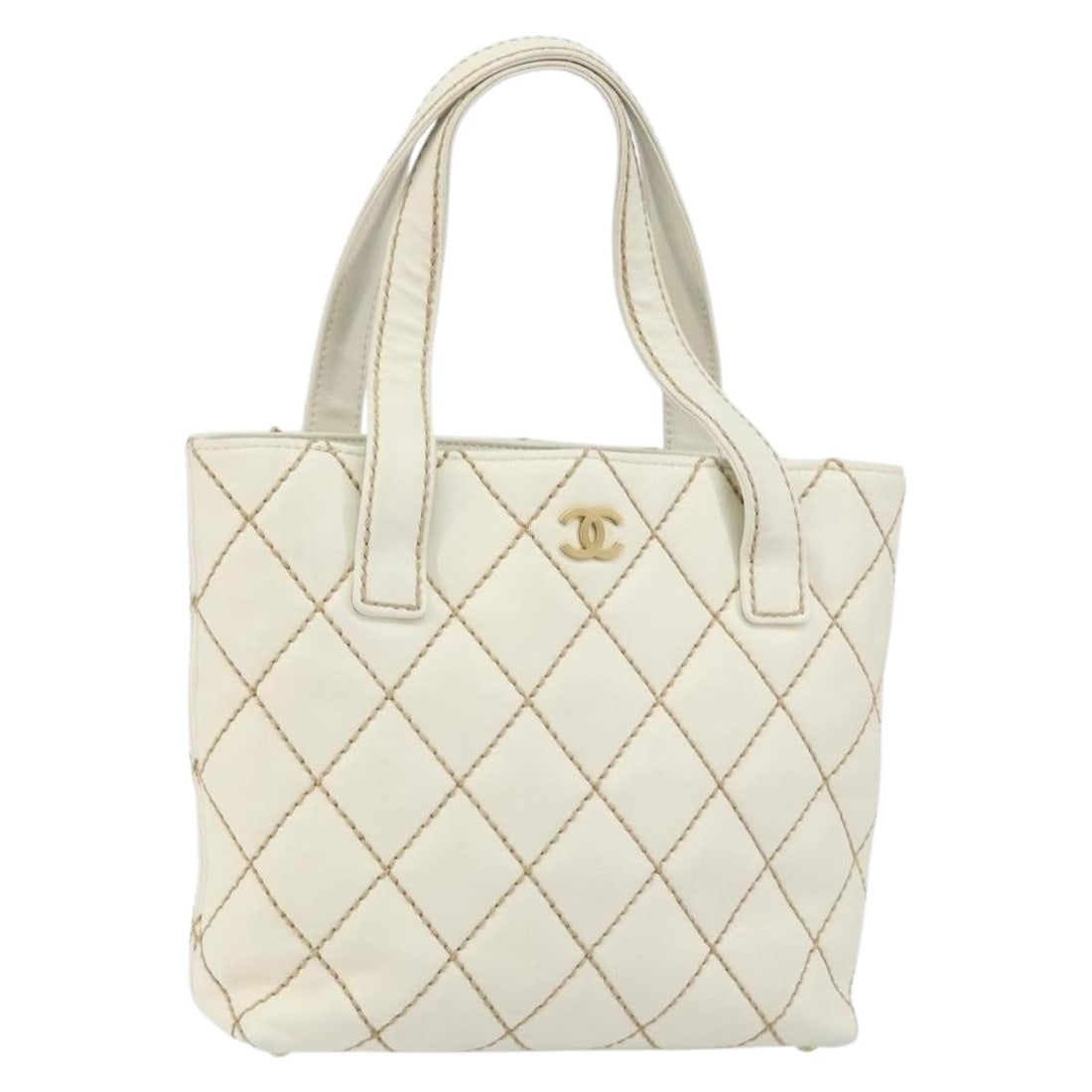 CHANEL Wild Stitch Hand Bag Leather White Gold Auth 8142921: CHANEL Wild Stitch Hand Bag Leather White Gold Auth 8142921 This CHANEL Wild Stitch Hand Bag is an elegant accessory crafted from high-quality leather in a striking white and gold color combination. D