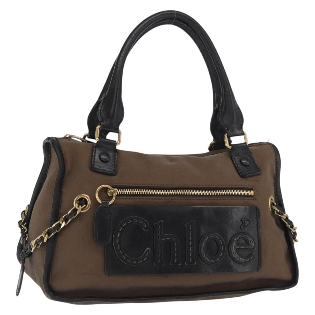 Brown Gold Chloe Harley Canvas and Leather Handbag: Brown Gold Chloe Harley Canvas and Leather Handbag This Chloe Harley hand bag features a brown and gold canvas exterior with leather accents. Designed for everyday use, it offers a spacious interior a
