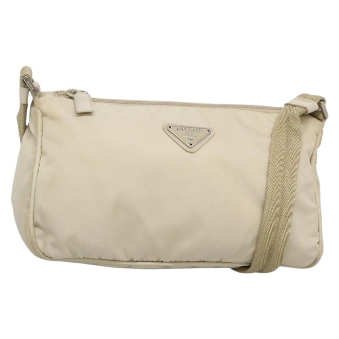 PRADA Beige Silver Nylon Shoulder Bag Auth 140483 Italy: PRADA Beige Silver Nylon Shoulder Bag Auth 140483 Italy This authentic PRADA shoulder bag is crafted from durable nylon in a stylish beige and silver color combination. The bag features a practical de