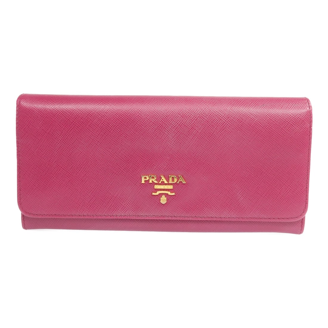 Pink Calfskin Bifold Wallet by Prada with Gold Hardware: Pink Calfskin Bifold Wallet by Prada with Gold Hardware This PRADA long bifold wallet is crafted from pink calfskin leather and features a classic bifold design. Made in Italy, it is designed for regu