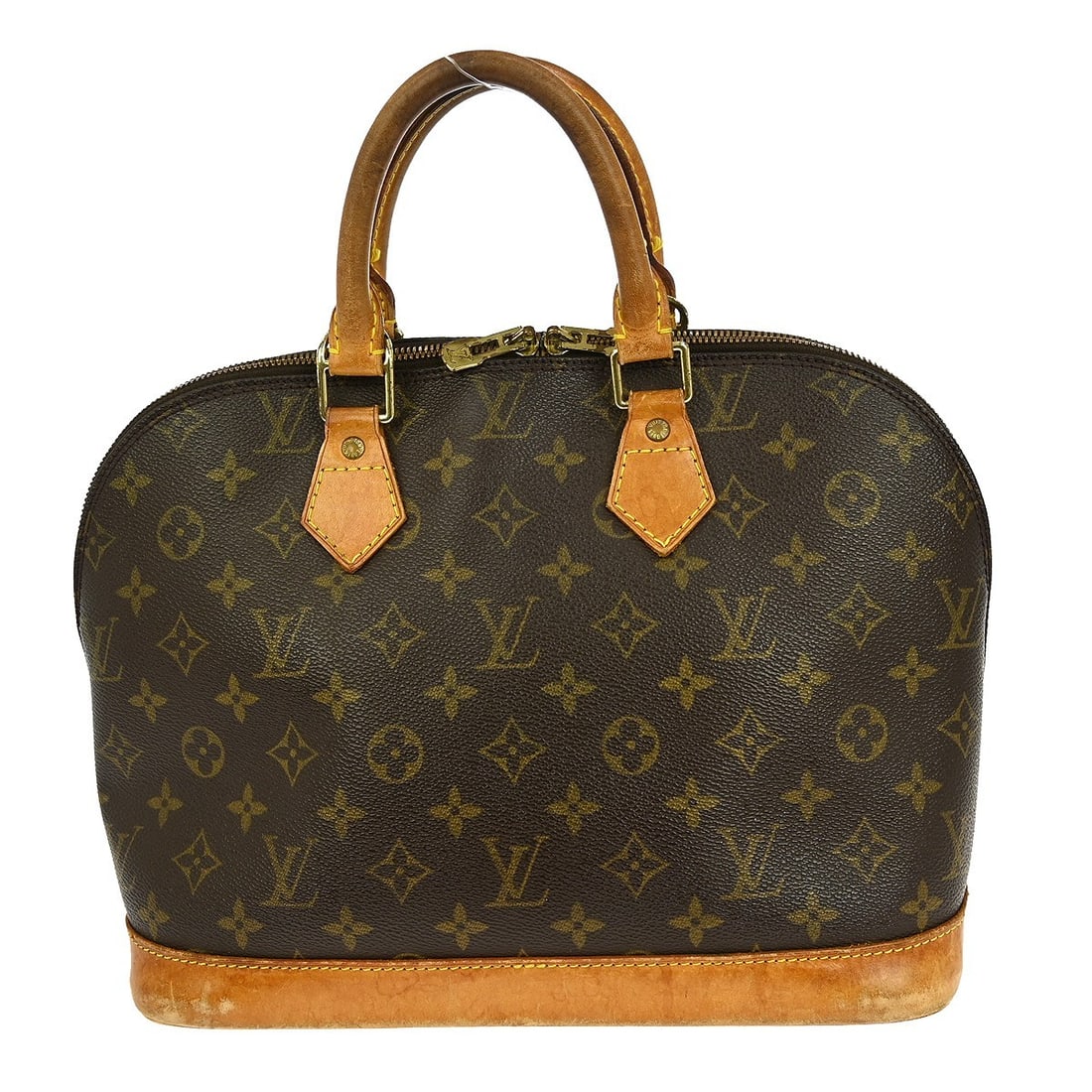Louis Vuitton Alma Monogram Canvas Handbag M51130 Medium Brown: Louis Vuitton Alma Monogram Canvas Handbag M51130 Medium Brown This Louis Vuitton Alma handbag features the signature monogram canvas and classic double handles in beige. The medium-sized bag is accen